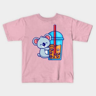 Cute Koala Hug Boba Milk Tea Cup Cartoon Kids T-Shirt